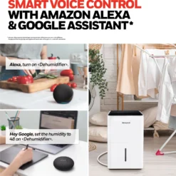 Honeywell TPFIT32AWK 32 Pint Smart Portable Dehumidifier With Alexa Voice Control, White -Fit Machines Hub Google Alexa 100 1